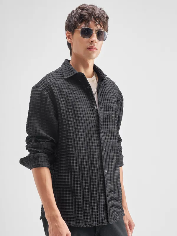 Highlander Men Black Self Design Relaxed Fit Casual Shirt