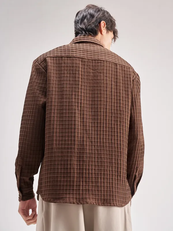 Highlander Men Coffee Brown Self Design Relaxed Fit Casual Shirt