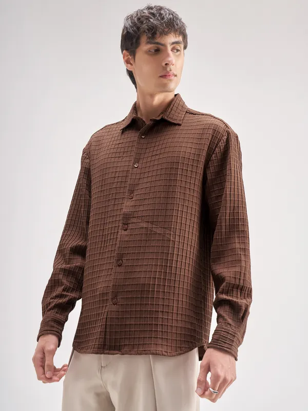Highlander Men Coffee Brown Self Design Relaxed Fit Casual Shirt