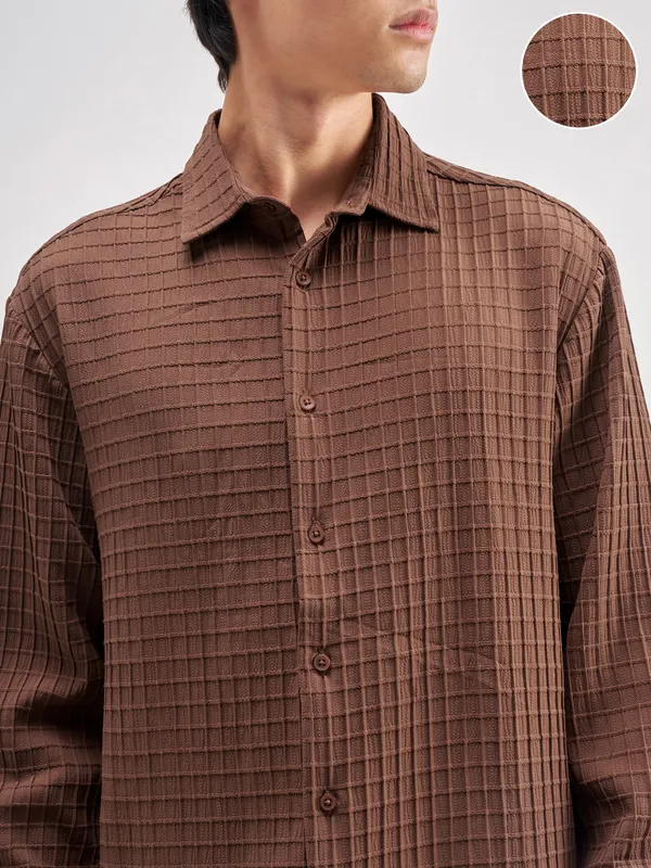 Highlander Men Coffee Brown Self Design Relaxed Fit Casual Shirt