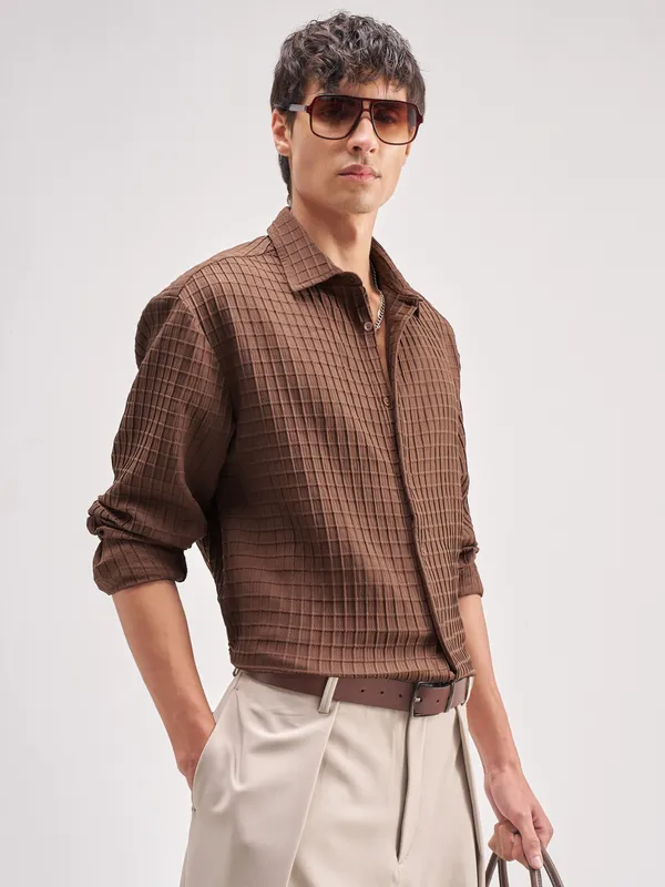 Highlander Men Coffee Brown Self Design Relaxed Fit Casual Shirt
