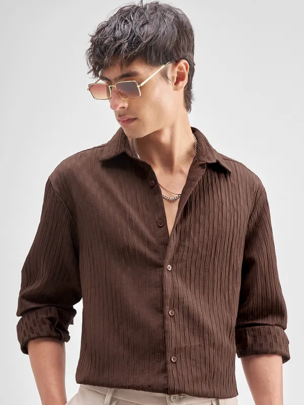Highlander Men Brown Self Design Regular Fit Casual Shirt