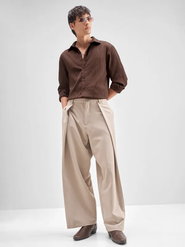 Highlander Men Brown Self Design Regular Fit Casual Shirt