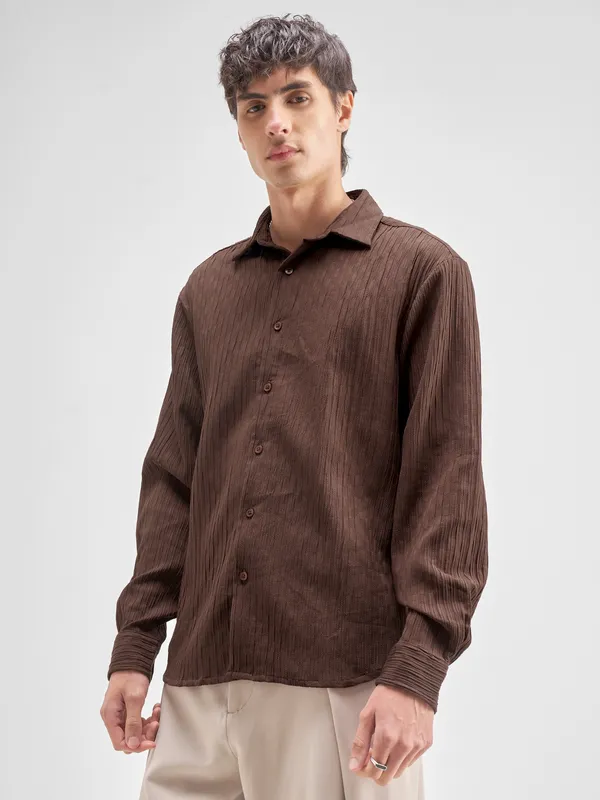 Highlander Men Brown Self Design Regular Fit Casual Shirt
