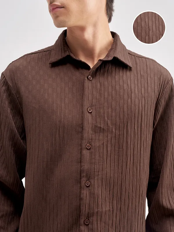 Highlander Men Brown Self Design Regular Fit Casual Shirt