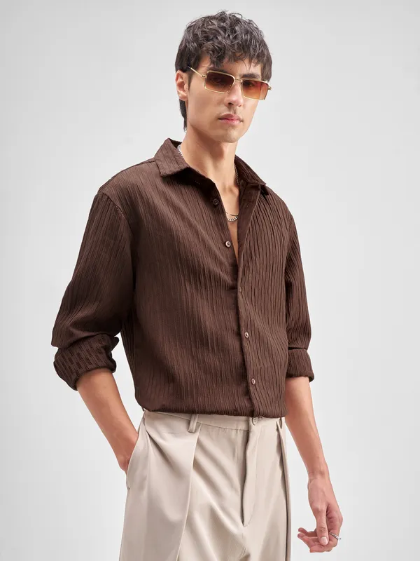 Highlander Men Brown Self Design Regular Fit Casual Shirt