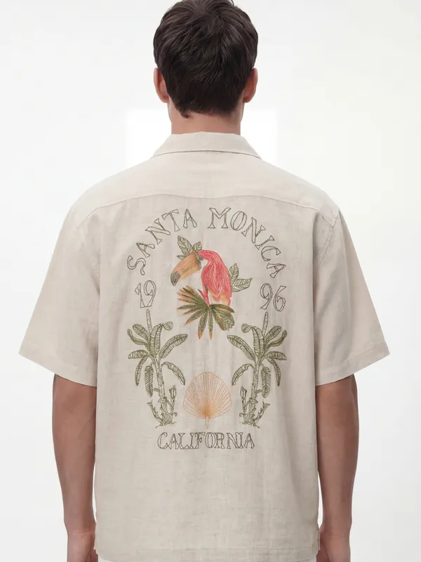 Highlander Men Beige Embroidered Relaxed Fit Casual Shirt