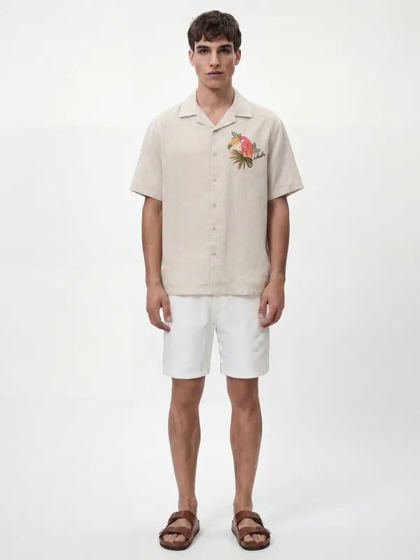 Highlander Men Beige Embroidered Relaxed Fit Casual Shirt