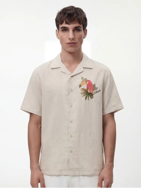 Highlander Men Beige Embroidered Relaxed Fit Casual Shirt