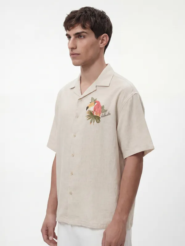 Highlander Men Beige Embroidered Relaxed Fit Casual Shirt