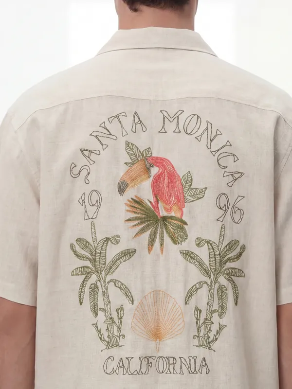 Highlander Men Beige Embroidered Relaxed Fit Casual Shirt