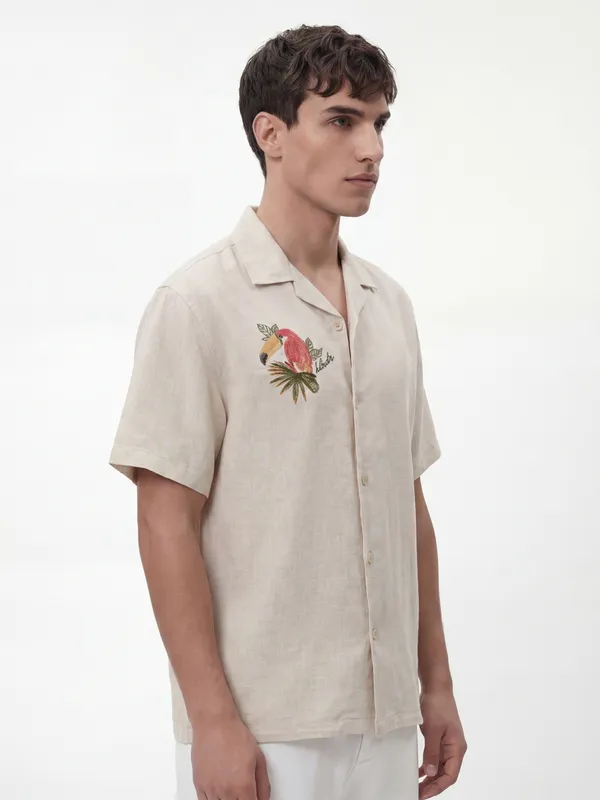 Highlander Men Beige Embroidered Relaxed Fit Casual Shirt