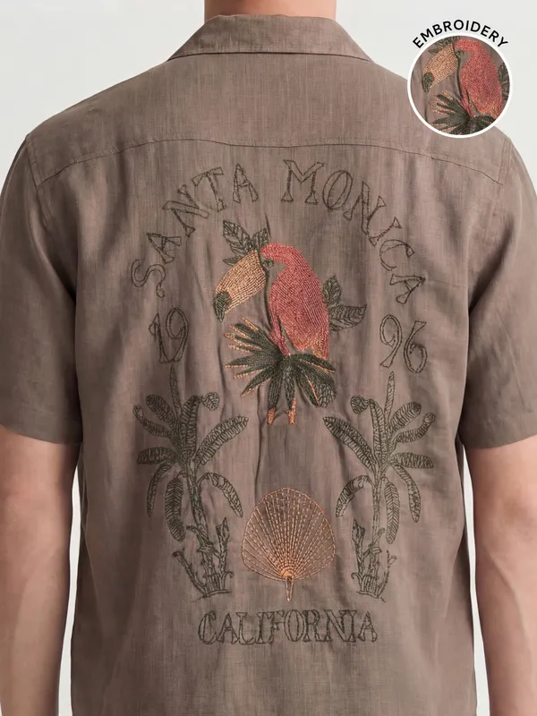 Highlander Men Tan Embroidered Relaxed Fit Casual Shirt