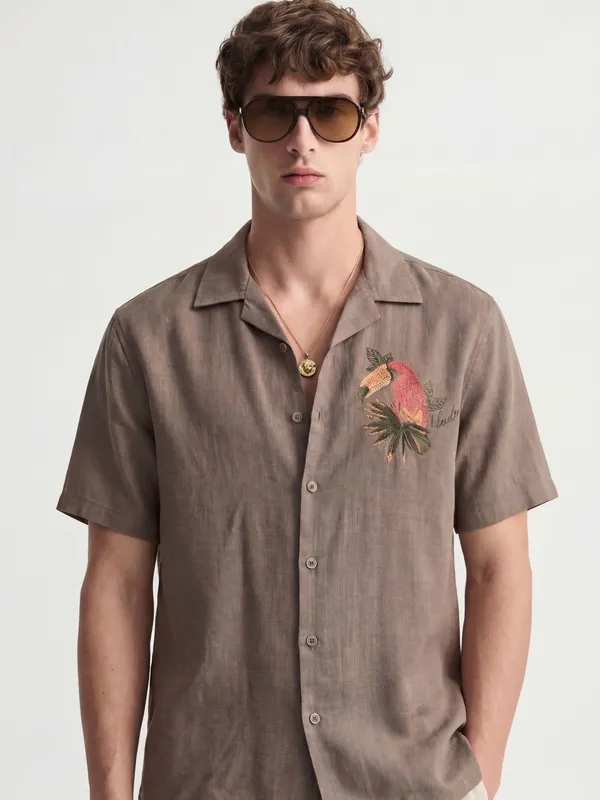 Highlander Men Tan Embroidered Relaxed Fit Casual Shirt