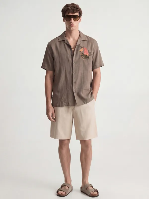 Highlander Men Tan Embroidered Relaxed Fit Casual Shirt