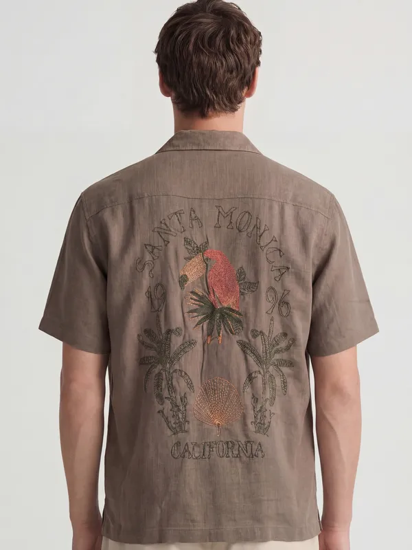 Highlander Men Tan Embroidered Relaxed Fit Casual Shirt