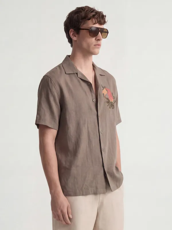 Highlander Men Tan Embroidered Relaxed Fit Casual Shirt