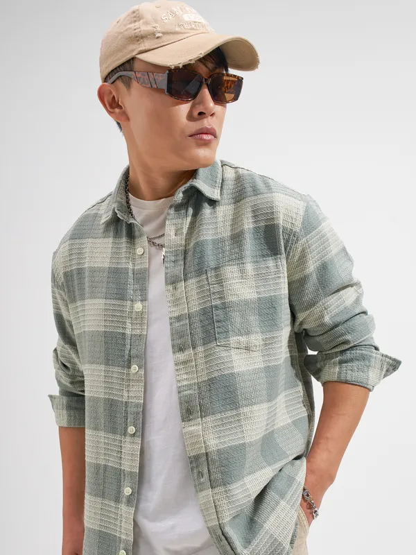 Highlander Men Green Checked Relaxed Fit Casual Shirt