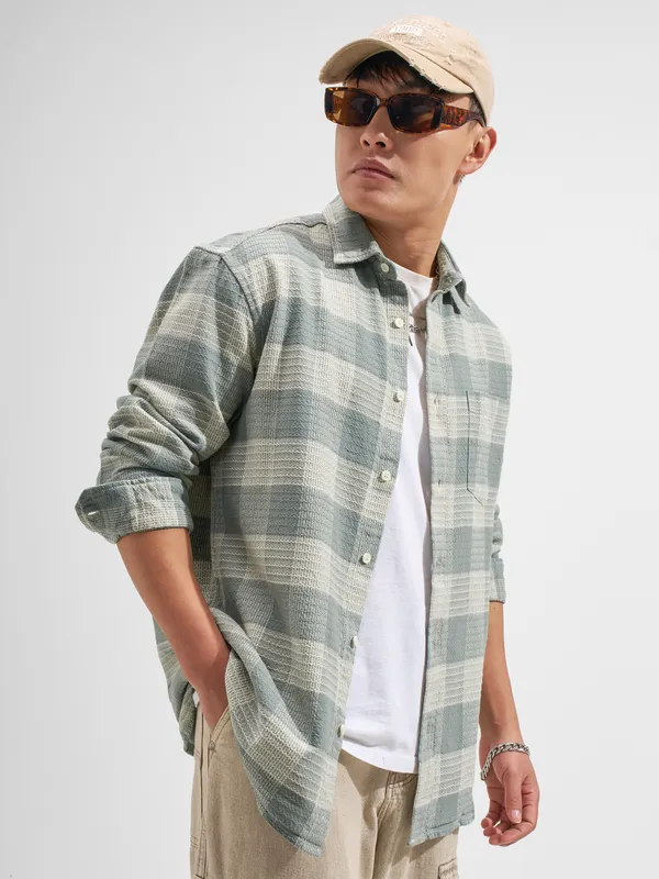 Highlander Men Green Checked Relaxed Fit Casual Shirt