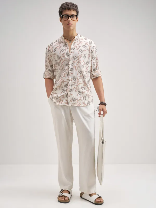 Highlander Men Cream Embroidered Relaxed Fit Casual Shirt