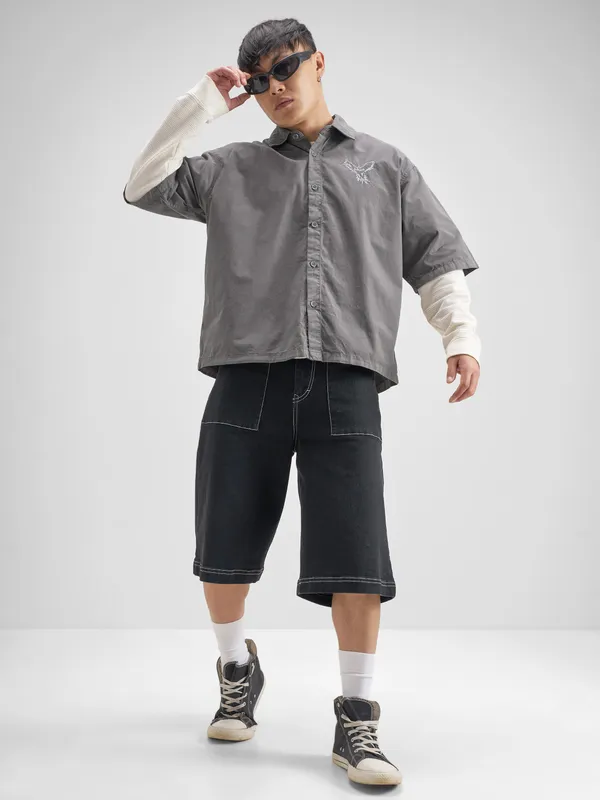 Highlander Men Grey Embroidered Boxy Fit Casual Shirt