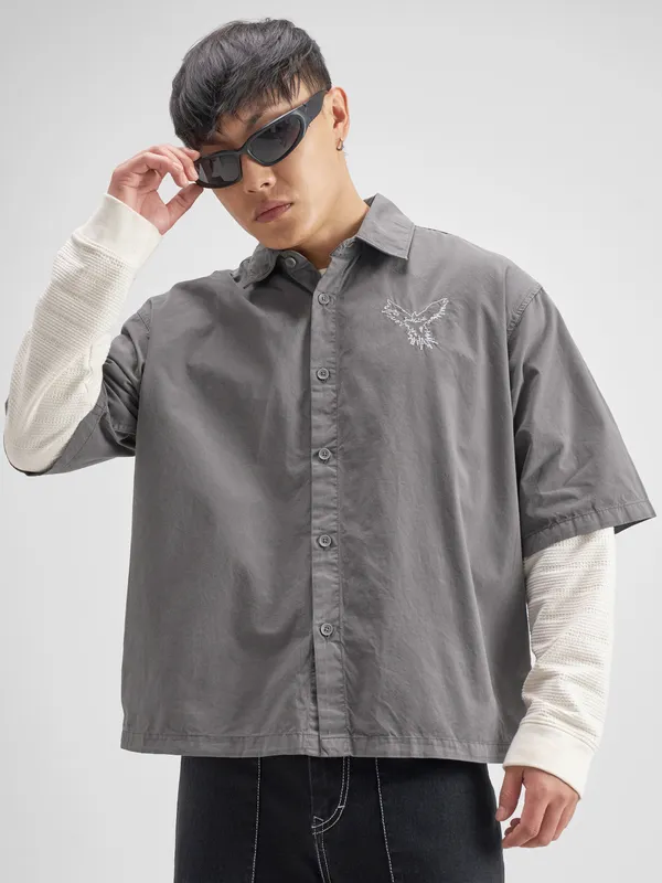 Highlander Men Grey Embroidered Boxy Fit Casual Shirt