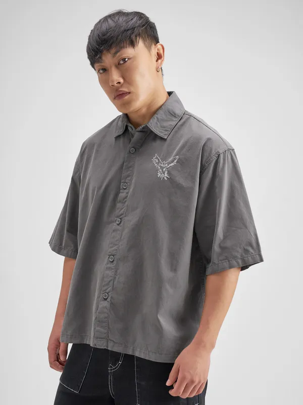 Highlander Men Grey Embroidered Boxy Fit Casual Shirt