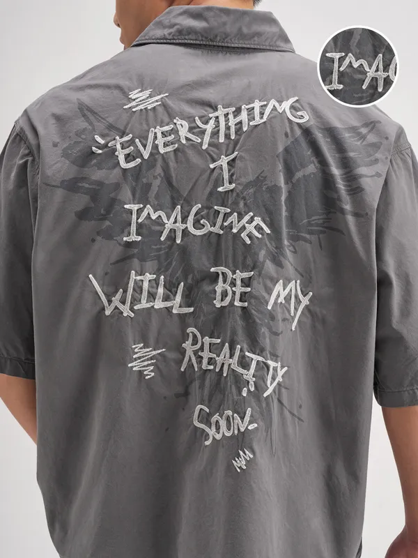 Highlander Men Grey Embroidered Boxy Fit Casual Shirt