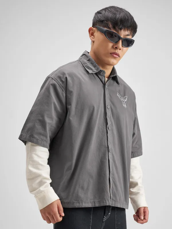 Highlander Men Grey Embroidered Boxy Fit Casual Shirt
