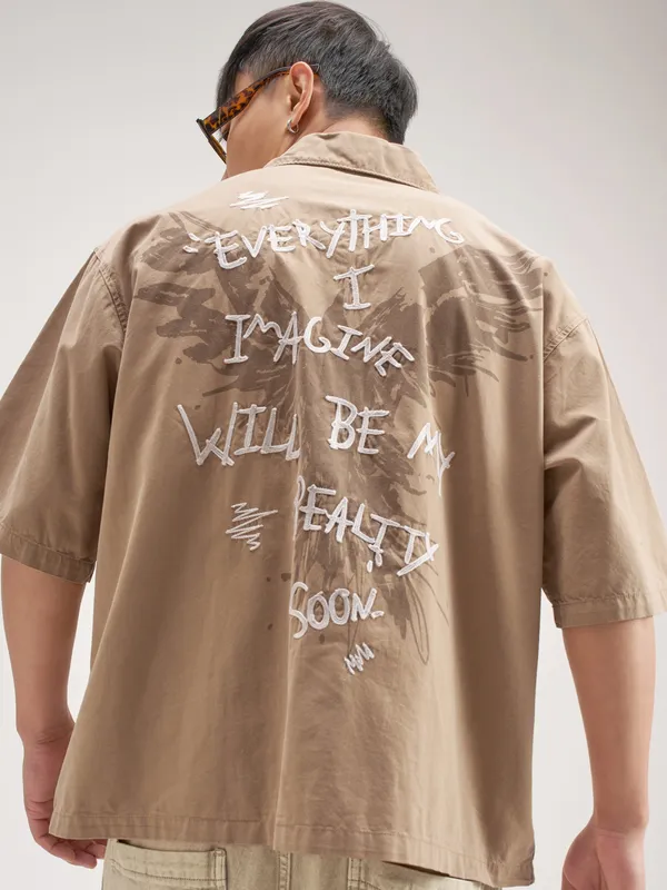 Highlander Men Khaki Embroidered Boxy Fit Casual Shirt