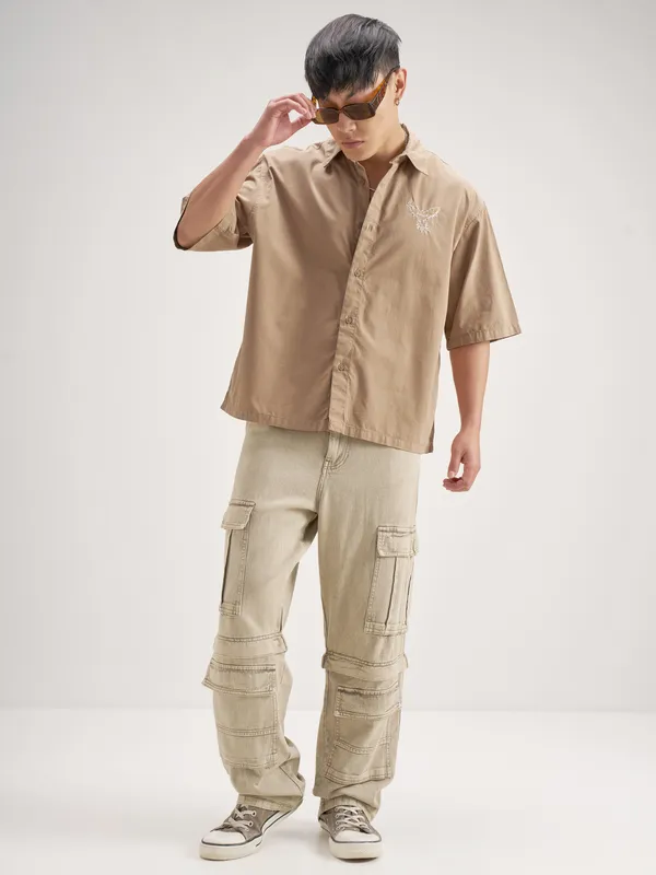 Highlander Men Khaki Embroidered Boxy Fit Casual Shirt