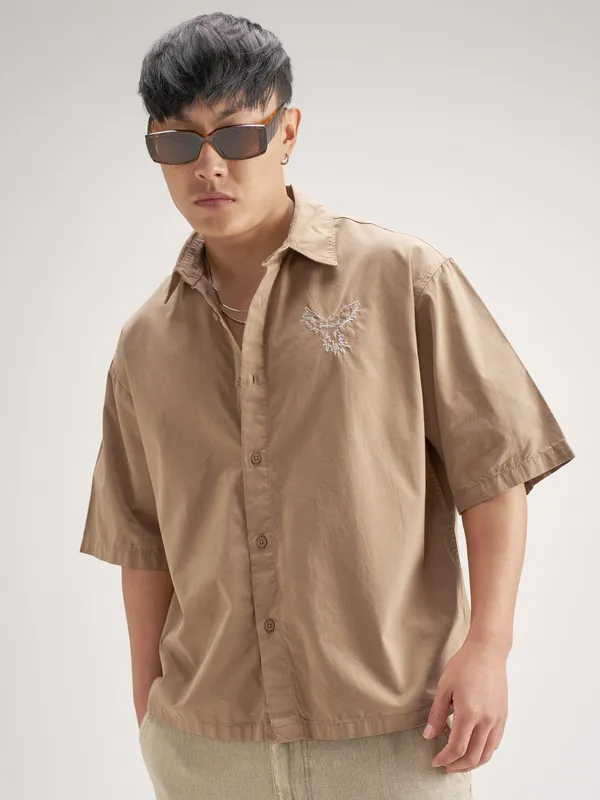 Highlander Men Khaki Embroidered Boxy Fit Casual Shirt