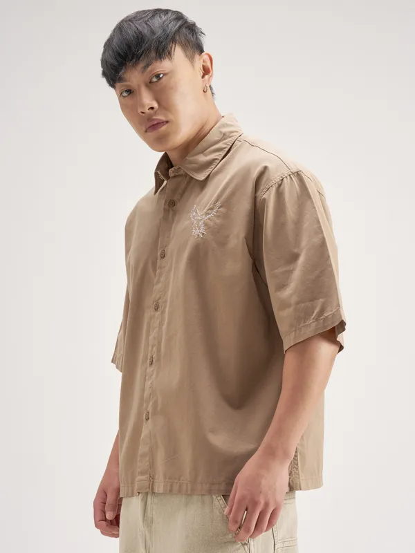 Highlander Men Khaki Embroidered Boxy Fit Casual Shirt