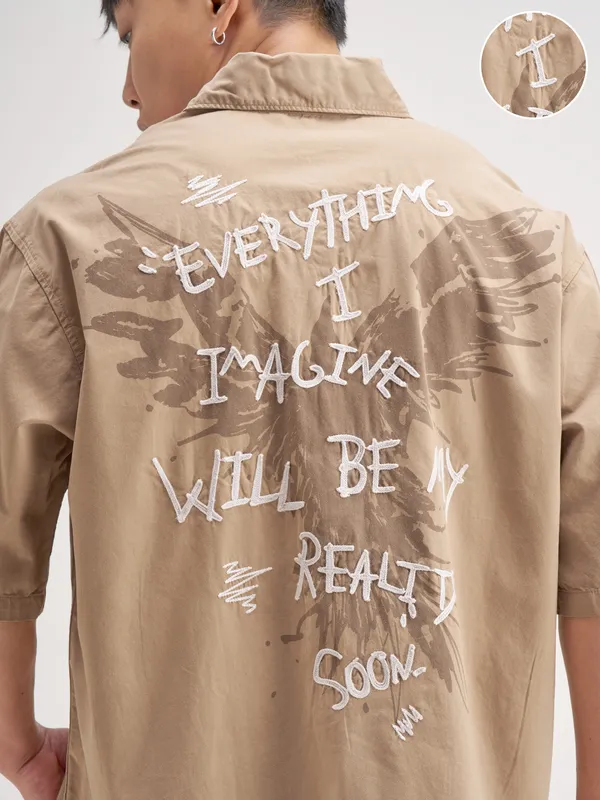 Highlander Men Khaki Embroidered Boxy Fit Casual Shirt