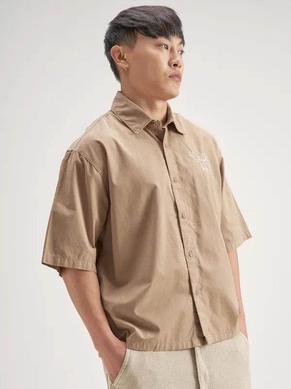 Highlander Men Khaki Embroidered Boxy Fit Casual Shirt