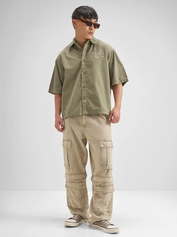 Highlander Men Olive Embroidered Boxy Fit Casual Shirt