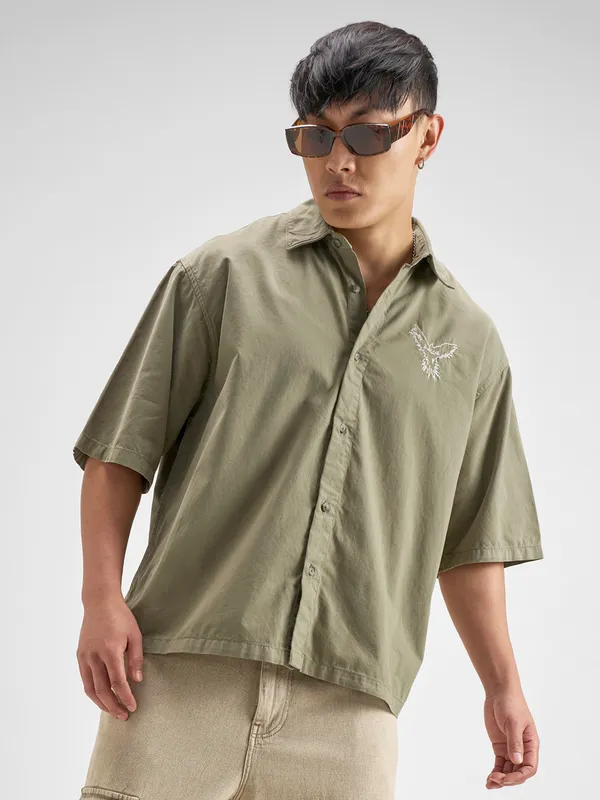 Highlander Men Olive Embroidered Boxy Fit Casual Shirt