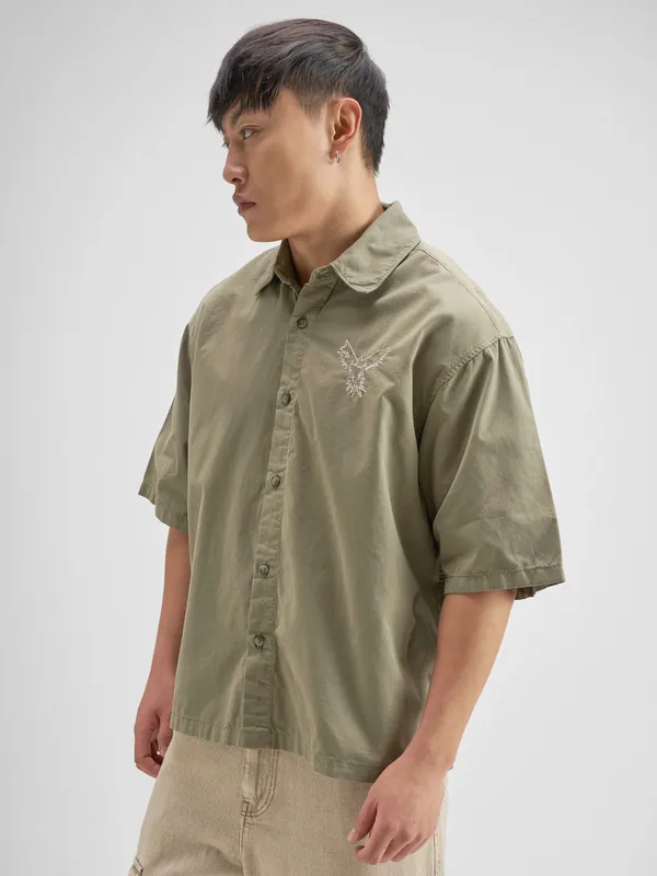 Highlander Men Olive Embroidered Boxy Fit Casual Shirt