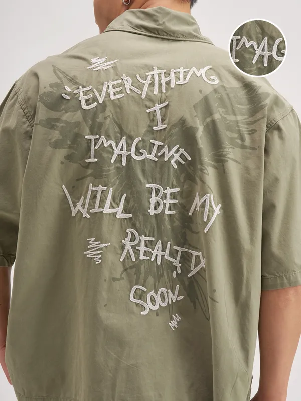 Highlander Men Olive Embroidered Boxy Fit Casual Shirt