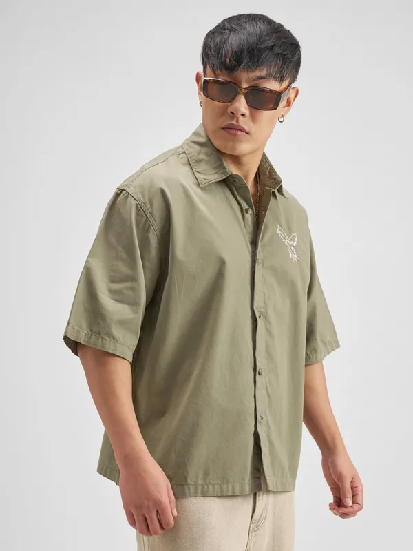 Highlander Men Olive Embroidered Boxy Fit Casual Shirt