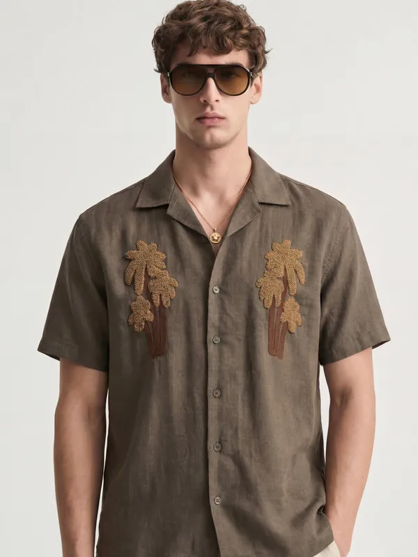 Highlander Men Brown Embroidered Relaxed Fit Casual Shirt