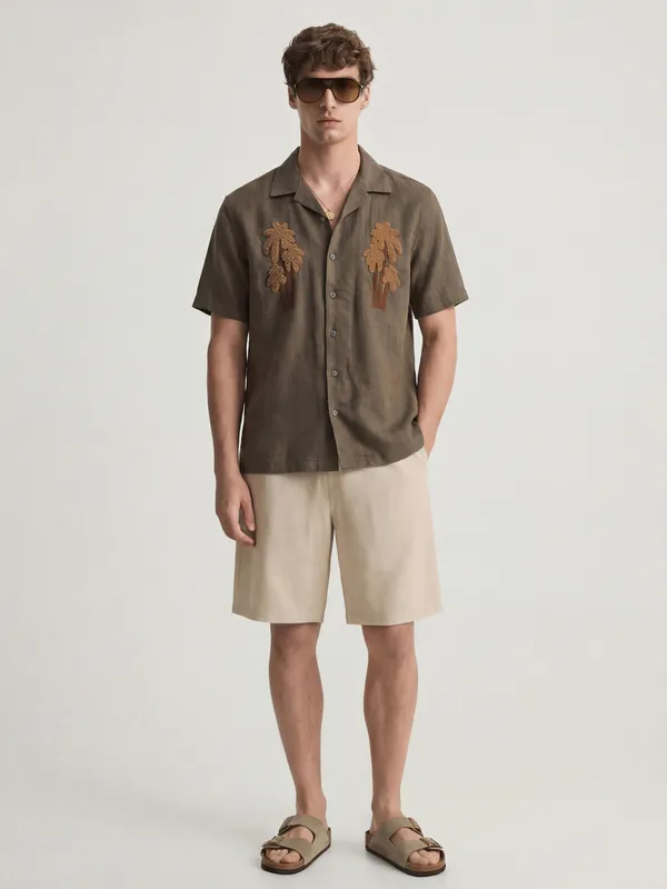 Highlander Men Brown Embroidered Relaxed Fit Casual Shirt