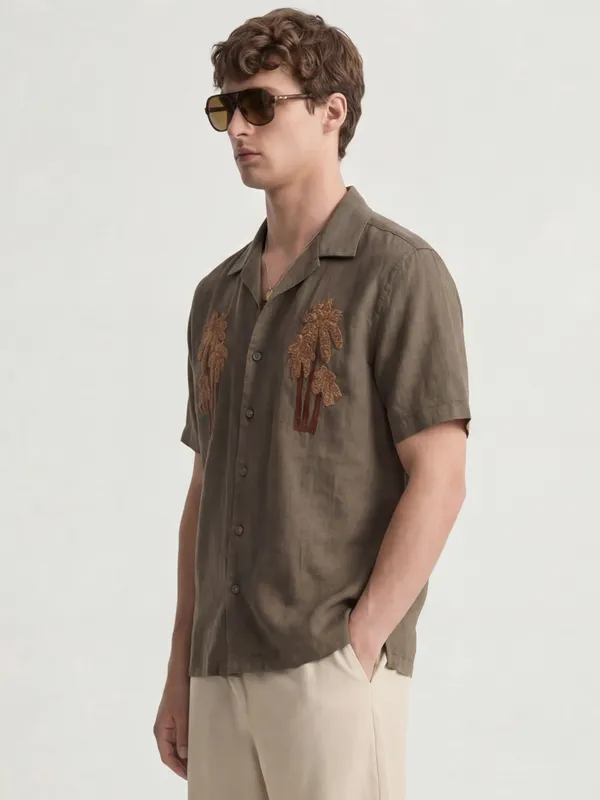 Highlander Men Brown Embroidered Relaxed Fit Casual Shirt