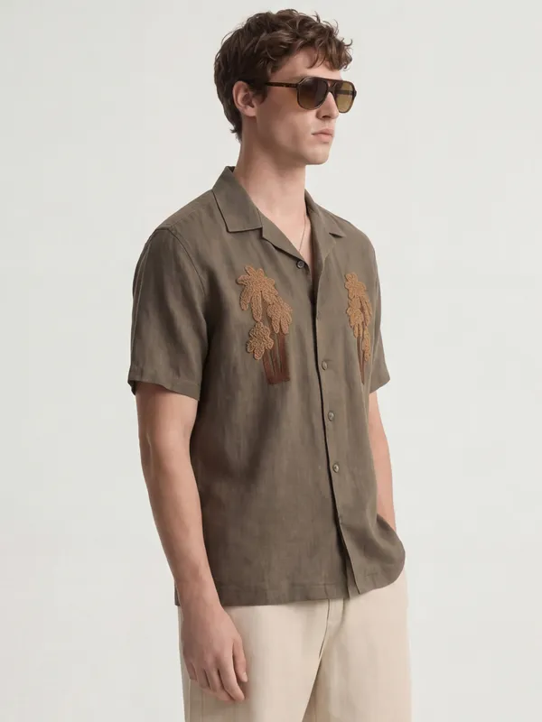 Highlander Men Brown Embroidered Relaxed Fit Casual Shirt