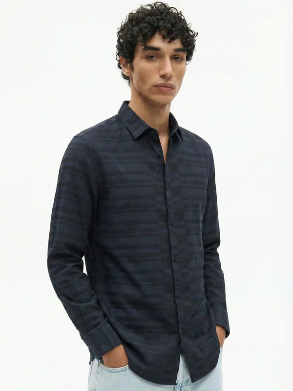 Highlander Men Black Self Design Slim Fit Casual Shirt