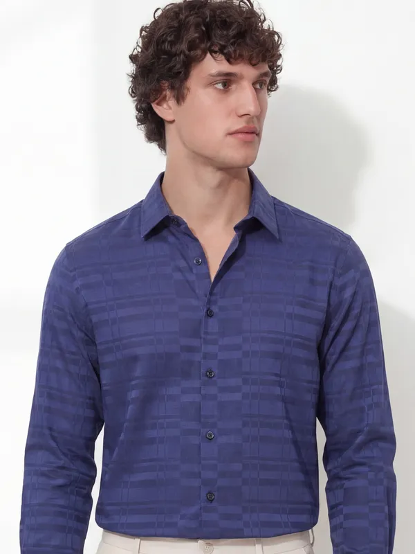 Highlander Men Navy Blue Self Design Slim Fit Casual Shirt