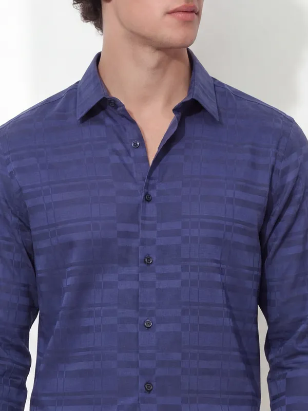 Highlander Men Navy Blue Self Design Slim Fit Casual Shirt