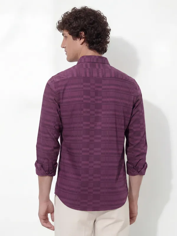 Highlander Men Burgundy Self Design Slim Fit Casual Shirt