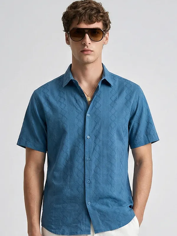 Highlander Men Blue Self Design Relaxed Fit Casual Shirt