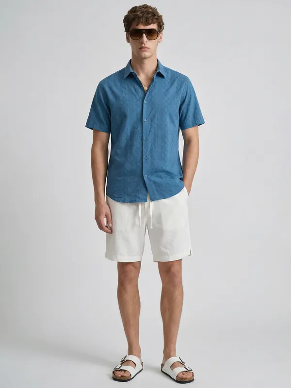 Highlander Men Blue Self Design Relaxed Fit Casual Shirt